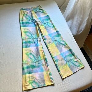 Mandinga yellow green swirl checker print knit elastic waist boot cut pants